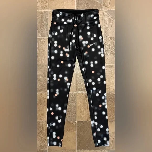 Nike Dri Fit Leggings Womens Size Small Running Athletic Wear Black with Polka
