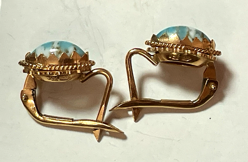 18K GOLD PERSIAN TURQUOISE EARRINGS NATURAL GEMSTONE 750 LEVERBACK SIGNED - Picture 10 of 21