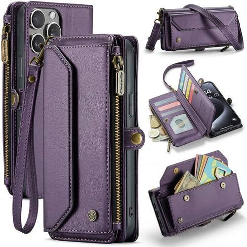 For iPhone 16 15 14 13 12 Pro Max Plus Case Wallet Leather ZIP Bag Strap Cover - Picture 15 of 84