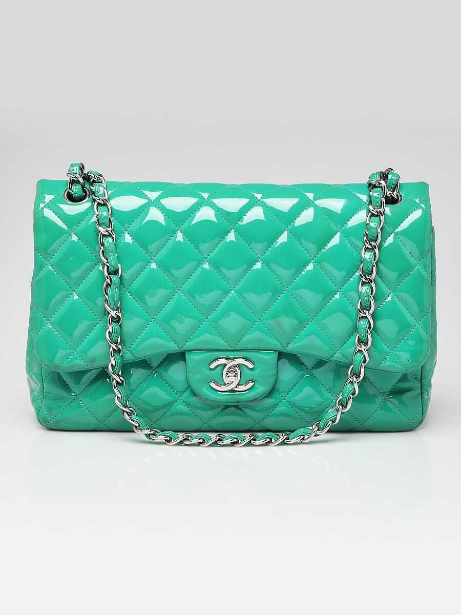 Chanel Green Quilted Patent Leather Classic Jumbo Double Flap Bag
