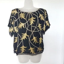 True Vintage Raiment Fashions 100% Silk Beaded Blouse Black Gold Pearls Size M