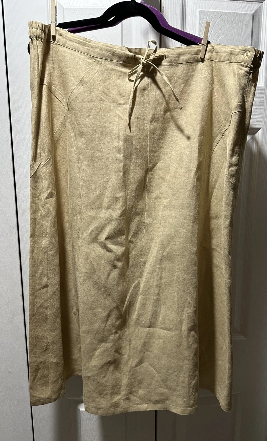 Vtg BRIDGEWATER Beige linen Unlined Skirt 42-44x34.5” back elastic TIE WAIST
