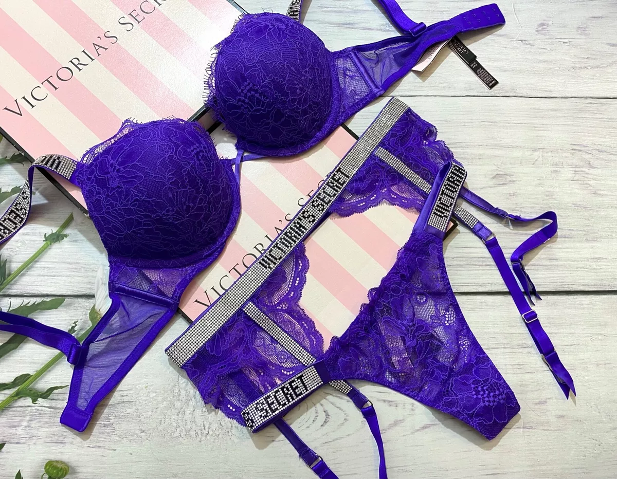 Victoria's Secret Bombshell Lace Push Up Bra Shine Strap 3 piece Set Violet