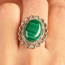 Natural Green Malachite Gemstone 925 Sterling Silver Floral Designer Gift Ring