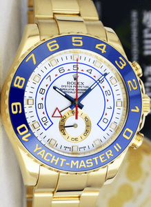 ROLEX-44mm-18kt-Gold-YachtMaster-II-White-Dial-Blue-Hands-116688-SANT-BLANC
