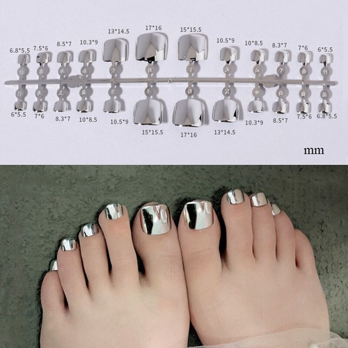 24/48Pcs Mirror Shiny Metallic False Toe Nails Full Cover Fake Toe Nail Art Ti e - Picture 6 of 15