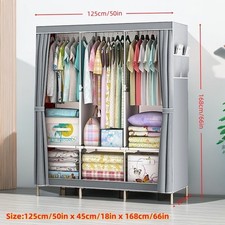 LARGE FABRIC CANVAS WARDROBE WITH HANGING RAIL SHELVING CLOTHES STORAGE CUPBOARD