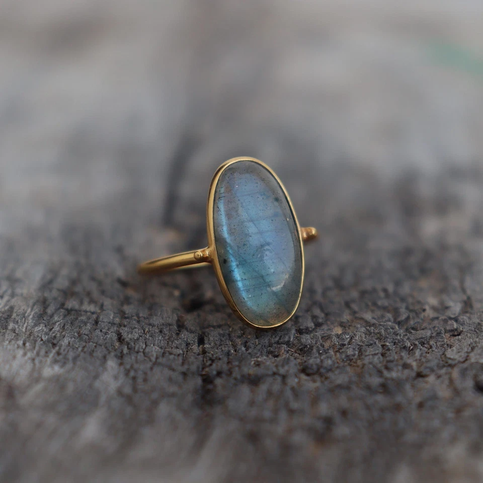 Long Gold Labradorite Ring 14kGold Plating Ring Gemstone 10*20MM Long Stone Ring - Image 2 of 4