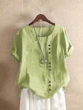 Summer Womens Cotton Linen Tunic Blouse Tops Short Sleeve Shirt Casual