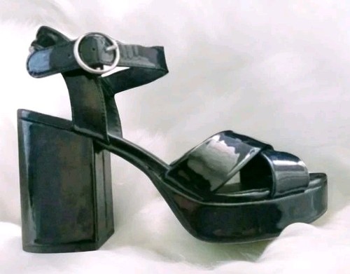 90s y2k Chunky Platform Shoes H&M Divided Black Faux Patent Leather Shoes 8 M - Image 1