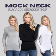 Women's Mock Neck Rayon Long Sleeve Top Soft Stretch Classic Fitted Shirt
