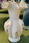 FENTON WHITE & CLEAR RIBBON RIM  VASE W/PAINTED PURPLE LILAC FLOWERS