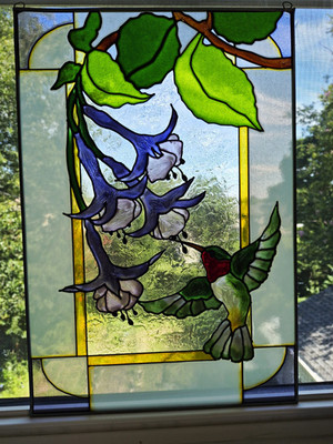 VTG Stained Glass Hummingbird & Purple Floral Window Panel Suncatcher 20x14''