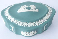 Wedgwood Jasperware Teal Green Lidded Box White Relief Classical Figures Oval