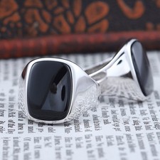 Fashion Black Agate Solid Back Relucent Sterling Silver Ring