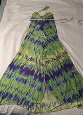 PIA colors Women’s Green/Blue Tie Dye Halter Maxi Dress Polyester Knit Adjustabl