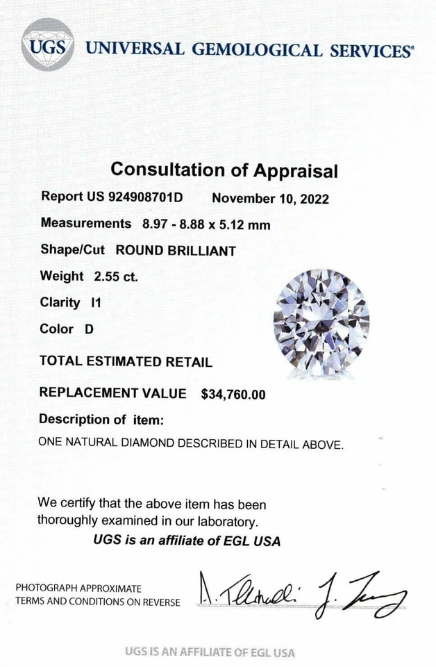 2.55ct CERTIFIED D COLOR DIAMOND 9mm 3 CARAT SPREAD ROUND BRILLIANT CUT NATURAL - Image 3 of 3