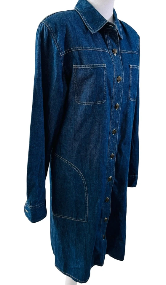 Vintage Talbots Women Denim Midi Shirt Dress Size 14 Long Sleeve Pockets 90s - Image 2 of 4