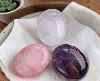 Rose Quartz, Clear Quartz, Amethyst Palm Stones Trio, Self Love Meditation