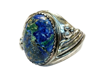 Mens Azurite Malachite Ring Sterling Signet Cabochon Ring Native Pictograph Mark