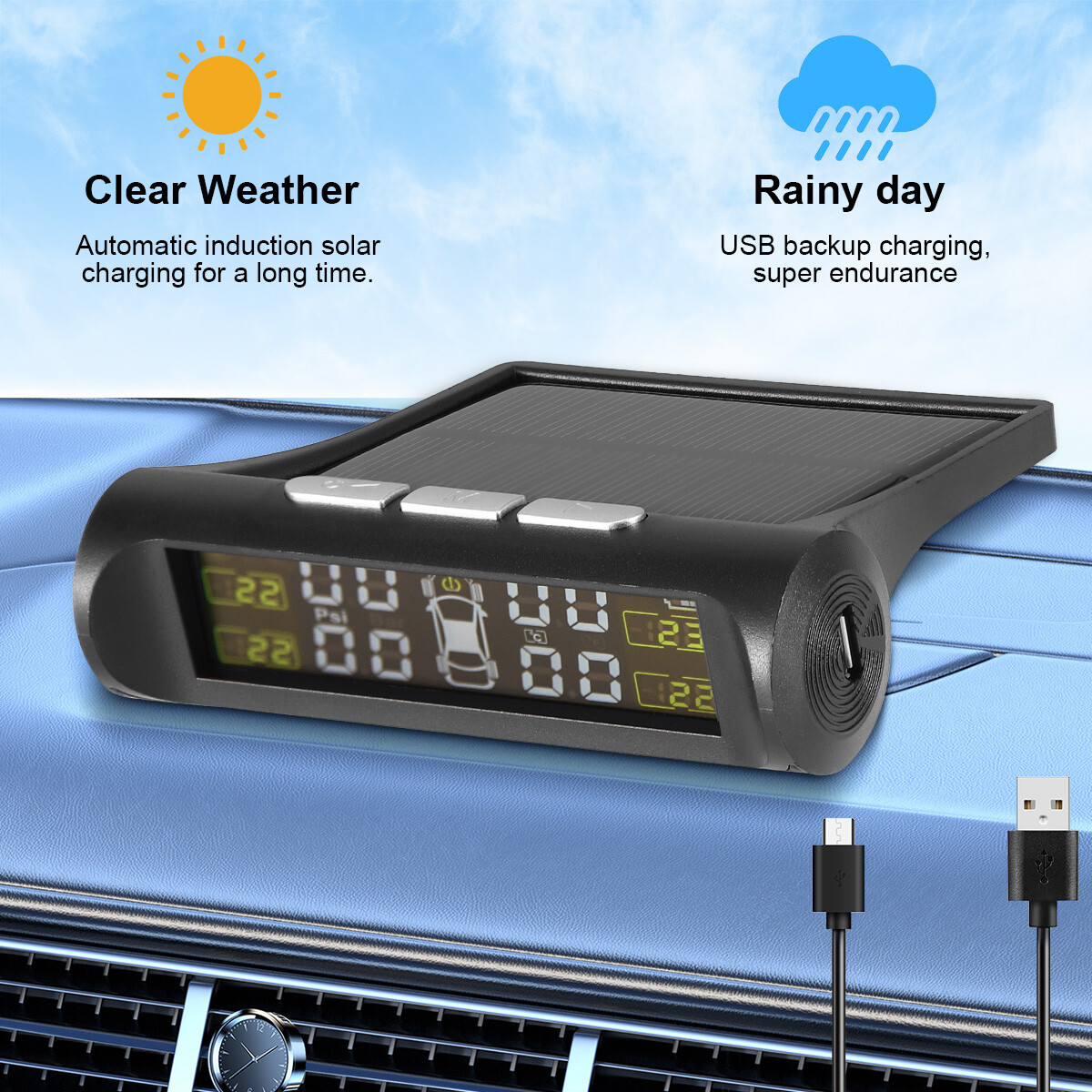 Wireless Car Solar TPMS LCD Tire Pressure Monitoring System + 4 External Sensors
