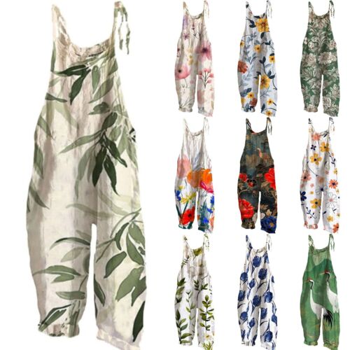 Womens Boho Floral Jumpsuits Spaghetti Strap Baggy Romper Wide Leg Overalls