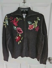 Tiara Floral Embroidered Cardigan Sweater Gray Size L Shawl Collar Full Zip