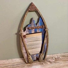 Wooden Boat Mirror Nautical Hook Wall Hanging Beach Lake Indoor Decoration