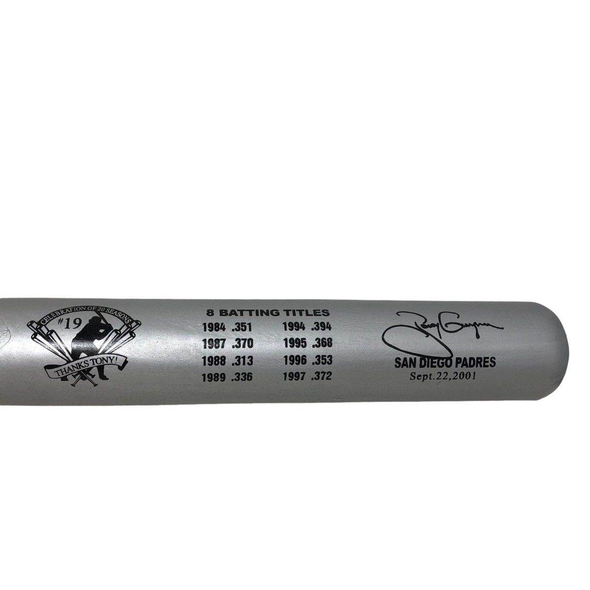 Tony Gwynn Commemorative Silver Bat Celebrating 20 Yrs San