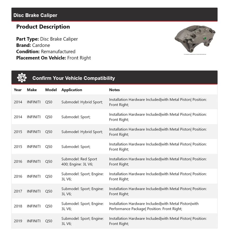 Pinza de freno de disco delantera derecha Cardone 2015 2016 2017 para Infiniti Q50 2014-2019 Foto 2 de 4