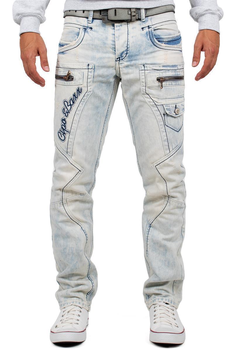 Cipo & Baxx Herren Jeans Hose Cargo Taschen Skinny Biker Denim Design Pants Rippen Details Jeanshose Mit Reißverschlüsse Blau W42 L32