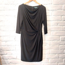 Ralph Lauren Midi Dress Womens 12 Black Sheath Draped Ruched Stretch 3/4 Sleeve