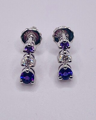 14K Weißgold Ohrring mit drei Krappen Amethyst und Diamant s
