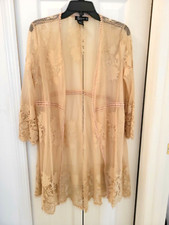 Womens Beige Lace Open Front Beach Pool Swimsuit Cover Up Size Medium