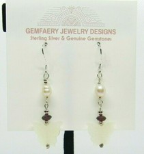 Sterling Silver Natural SNOW JADE Butterfly Long Dangle Earrings...Handmade USA