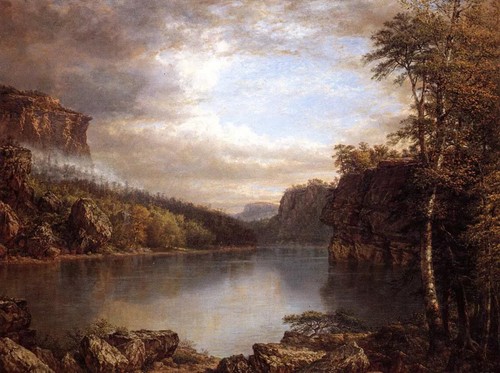 Oil painting Daniel Huntington - Beautiful landscape Lake Mohonk with trees 36"