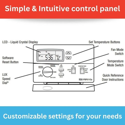Pro PSP511C Programmable 5-2 Day Thermostat for Home Use; 1 Heat, 1 Cool, Bat... - Picture 2 of 5