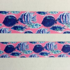 Navy blue fish on pink palm beach style Grosgrain ribbon 5/8" 7/8" 1" 1.5"