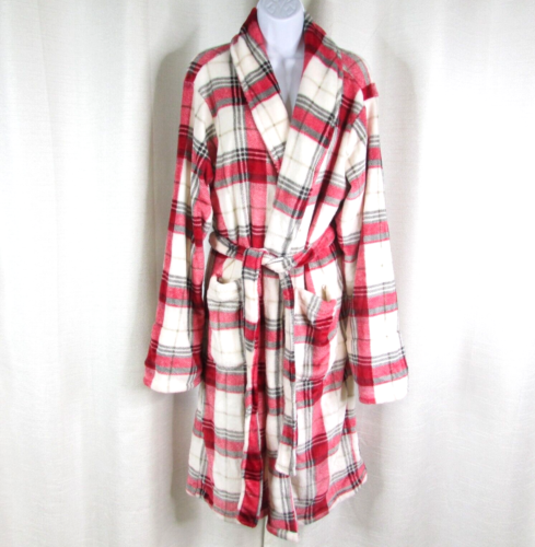 Pottery Barn Robe Red Winslow Plaid Soft Fleece Plush Size M Tie Belt 2 Pockets - Picture 1 of 7