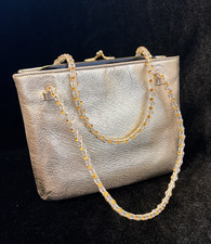 Vintage Mid Century Greta Gold Metallic Italian Leather Beaded Evening Bag