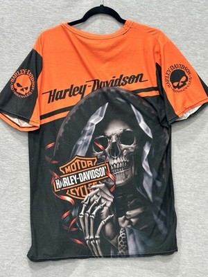 Harley All Over Print Skull Crypt Keeper Motorcycles Men's T- shirt Black/Orange