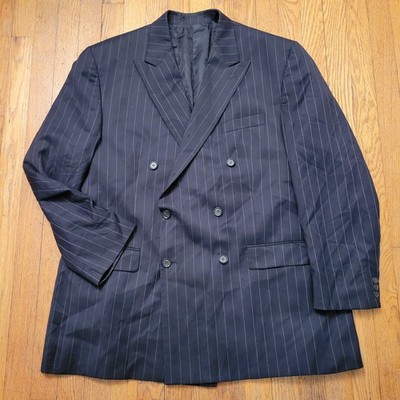 Izod 46L Blazer Blue Chalk Stripe Double Breasted Wool Mob Boss Dandy Preppy