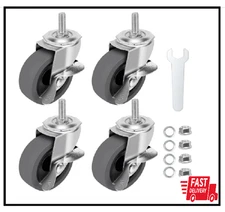 Caster Wheels,3" Locking Swivel Stem Casters Set of 4,3/8"-16 x 1-Rubber Casters