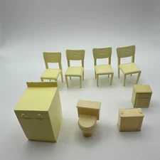 Vintage Dollhouse Furniture, 8 Piece Lot, Yellow, Bathroom, Kitchen, Chairs