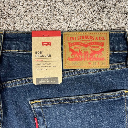 NWT Levis 505 Jeans Mens 36x34 Regular Fit Stretch Dark Wash Denim Straight Leg - Picture 5 of 6