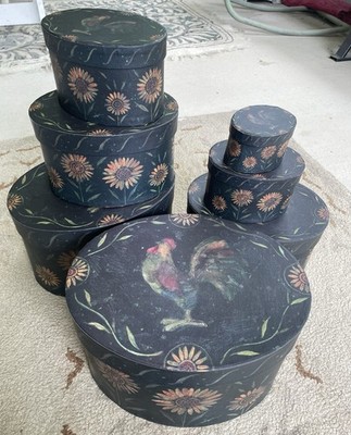 Bob s Primitive Oval Nesting Boxes, Complete Set Of 7, Proud Roosters/Floral