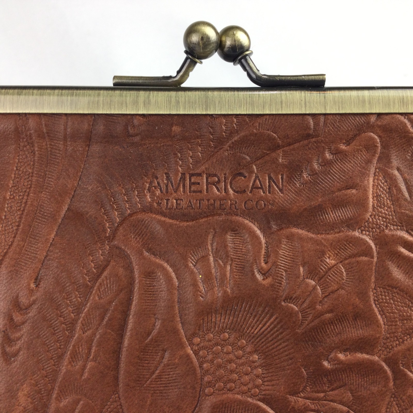 American Leather Co Bag Brown Clutch Purse Tooled Emboss Leather Kiss Clasp 9x7"