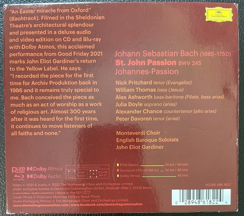 Bach St. John Passion Gardiner Deutsche Grammophon 2 Cds/1 Blu-Ray - Picture 2 of 5