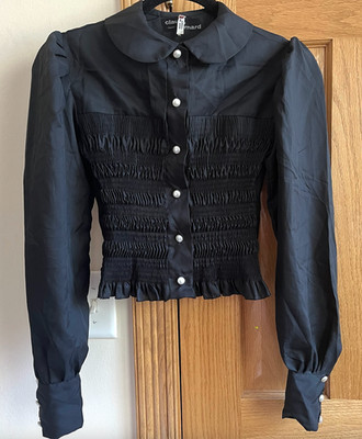 Vintage 70's black Claude Bernard blouse, pearl buttons, size M