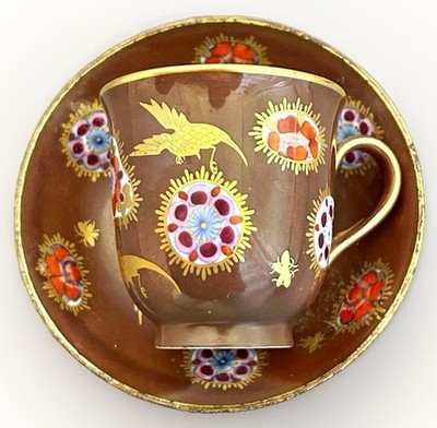 MEISSEN VERY RARE CHOCOLATE GROUND HAUSMALEREI BEAKER CUP & SAUCER C1735-40